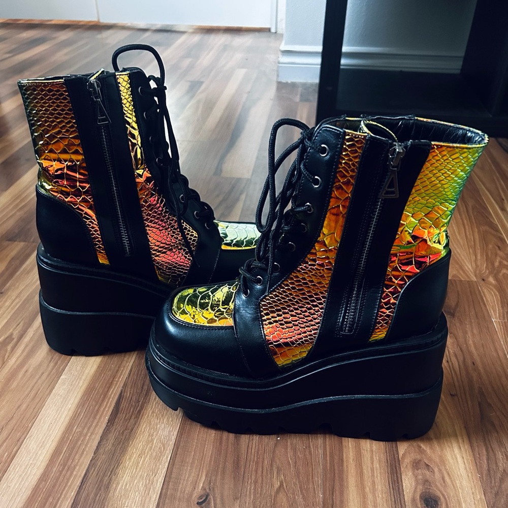 ‘Cape Robbin’ Platform Boots Multi-Chrome Holographic Platform Boots Rave Boots